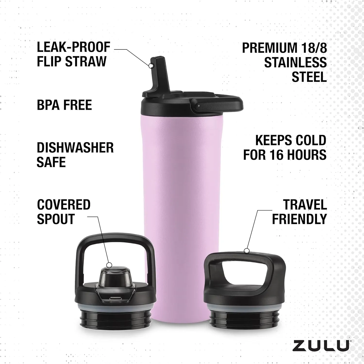ZULU Base 18oz Kids Stainless Steel Water Bottle with 3 Lids- Straw, Chug, Twist | Double Walled and Vacuum Insulated Metal Thermos | Fits Car Cupholder, Built in Carry Loop, Dishwasher Safe, Pink